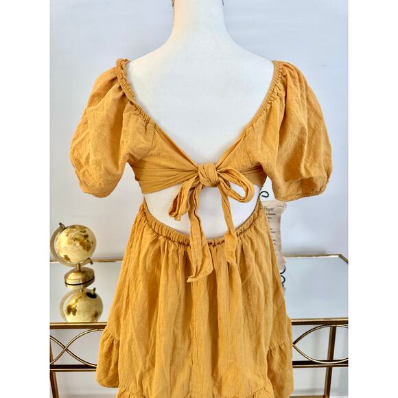 Hesperus Cotton Yellow Empire Waist Mini Dress Short Puff Sleeve Back Tie Medium - Picture 9 of 11